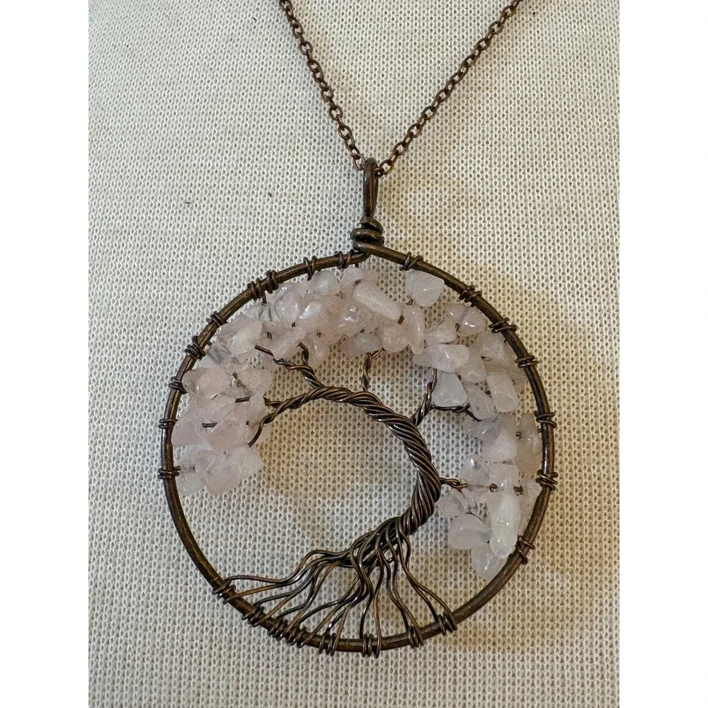 Rose Quartz Tree of Life Wire Wrapped Pendant Necklace Copper Tone